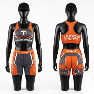 <b>Women</b> MMA Compression Bra <b>Shorts</b> 260g Cotton Y-line Straps Stand Neckline Crystal Decoration <b>Orange</b> Gray Custom Sublimation Set - Product Image 1