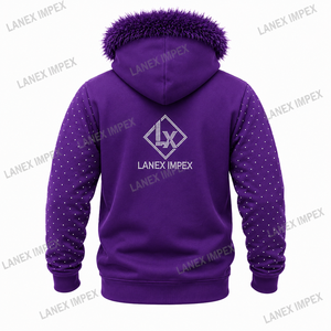 เสื้อแจ็คเก็ตฮู้ดดี้ผู้ชายสีม่วงประดับคริสตัล พร้อมฮู้ดขนเฟอร์เทียม แขนเสื้อและกระเป๋าประดับหมุด ซิปยาวเต็มตัว สไตล์แฟชั่นสตรีทแวร์ - Product Image 3