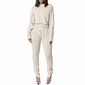 Women's Black Cropped Tracksuit Set Full Sleeve Crew Neck Solid Color Casual Ankle-Length <b>Pants</b> With Side Pockets Elastic Waist - Product Image 3
