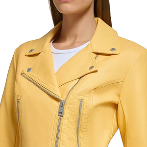 Veste de moto en cuir PU jaune pour femmes, manches longues, col rabattu, fermeture éclair, manteau court - Product Image 5