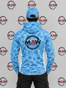Sweat-shirt de pêche camouflage bleu pour homme MAW, anti-UV UPF 50, manches longues, avec cache-visage et chapeau - Product Image 2