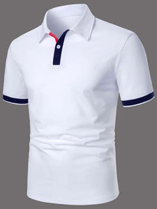 Camisa Blanca de Manga Corta para Hombre, Corte Regular, Informal, Tejida, de Color Sólido con Ribete Azul Marino en los Puños, 100% Algodón, Transpirable, para Invierno - Product Image 1