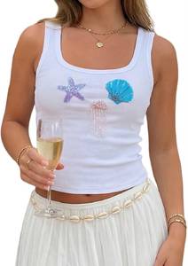 Chic Beaded Cocktail <b>Spaghetti</b> <b>Strap</b> Camisole Womens White Summer Cami <b>Top</b> Bulk Wholesale Supply - Product Image 2