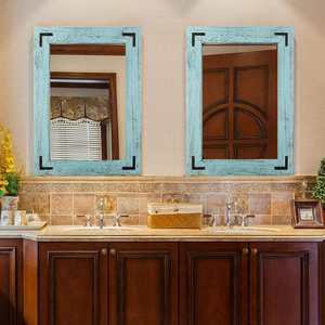 Rustic Distressed Blue Wooden Wall <b>Mirror</b> with Metal <b>Corner</b> <b>Brackets</b> Farmhouse Vintage Home Decor - Product Image 5