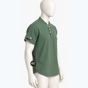 Wholesale Streetwear <b>Mens</b> <b>Green</b> Stand Collar Short Sleeve <b>T</b>-<b>Shirt</b> Custom Logo Travel Regular Fit Casual Woven Solid Color Design - Product Image 4