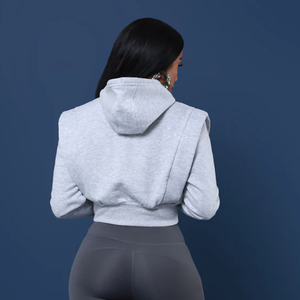 Sweat-shirt à capuche court gris pour femme, à épaules tombantes, manches longues, couleur unie, tricoté, respirant, vêtement de sport, collection automne - Product Image 4