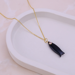 Collier Poisson en Onyx Noir - Pendentif plaqué or sculpté à la main avec œil de poisson en zircon - Cadeau - Product Image 3