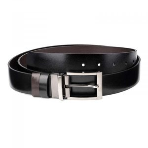 Ceinture réversible en cuir véritable, cuir de vache, couleur unie, boucle à ardillon rectangulaire argentée, style formel - Product Image 1
