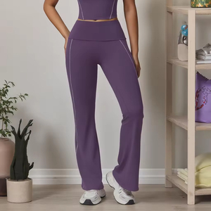 High Waist Full Length Flared Yoga <b>Leggings</b> With Side Stripe Contrast Stitch Seamless Stretch For Women Custom Yoga Pants - Product Image 4