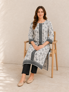 <b>White</b> Color Printed Kurti Round Neck 3/4 Sleeves Straight Long Tunic Top <b>women's</b> set Casual Daily Wear Clothes Wholesale Supply - Product Image 2