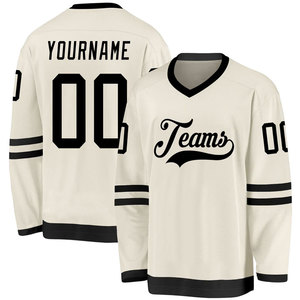 Jersey de Hockey Personalizado para Hombre, Cuello en V, Franjas Negras sobre Crema, Manga Larga, Transpirable, Poliéster, Top Deportivo para Adultos, Impresión de Logotipo de Equipos - Product Image 1