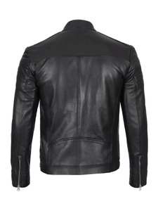 เสื้อแจ็คเก็ตหนังสีดำสไตล์คาเฟ่เรเซอร์สำหรับผู้ชาย - Product Image 2