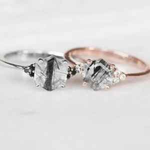 Natural Black Rutilated Quartz Hexagon Ring 925 Sterling Silver 14k <b>Gold</b> Plated Wedding Anniversary Ring - Product Image 4