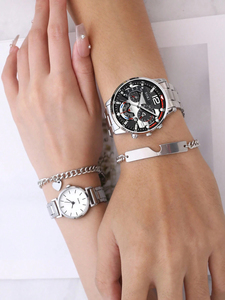 192008 Juego de 2 Relojes de Cuarzo de Acero Inoxidable Plateado para Pareja y Juego de 2 Pulseras Plateadas con Forma de Corazón a Juego - Product Image 3