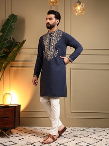<b>Men</b> Navy Blue Embroidered <b>Kurta</b> With White Pajama Regular Fit Traditional Indian Pakistani Knee-Length Casual Wear - Product Image 2