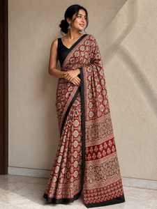 Sari Tradicional con Estampado Ajrakh, Hecho a Mano con Técnica de Bloques, Prenda Étnica para Mujer - Product Image 1