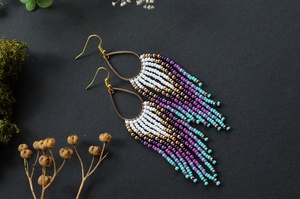 Boucles d'oreilles pendantes bohèmes à franges perlées, faites à la main avec perles de rocaille, bijoux fantaisie pour femme - Product Image 3