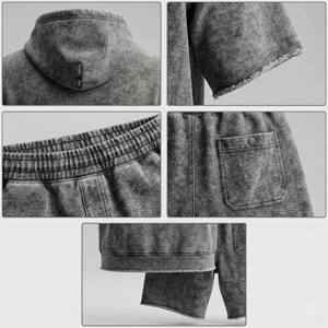 Conjunto de Sudadera con Capucha de Manga Corta para Hombre, Estilo Vintage, Felpa Gruesa, Transpirable, Verano, Borde Crudo, Lavado Ácido, Gris, Dos Piezas - Product Image 3