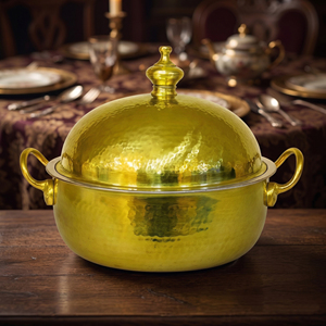 Elegant Hammered Design Brass <b>Serving</b> <b>Dish</b> With Lid. Gold Plating Finish Premium Insulated Hot Pot For Luxury Dining & Catering - Product Image 6