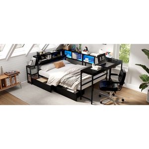 Modern Full-Size <b>Corner</b> Bed Frame with LED Light Charging Station & Bookcase 2 Underbed <b>Storage</b> Drawers Left Side - Product Image 4