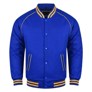 Veste varsity en polaire coupe-vent bleu royal pour homme avec bordure jaune, col montant, fermeture éclair, broderie, vêtements d'hiver - Product Image 2