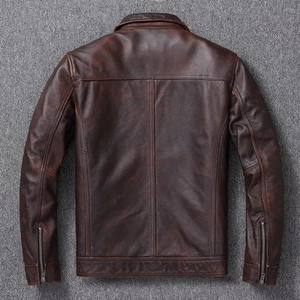 Men's Winter Genuine Leather Vintage Brown Red Canvas Jacket 100% Natural Leather Waterproof Breathable - Product Image 3