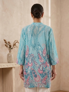 Open Front Mandarin Collar Blue Color Floral Print Shrug Longline Lightweight <b>Cardigan</b> Three Quarter Sleeves Bohemian Outerwear - Product Image 3
