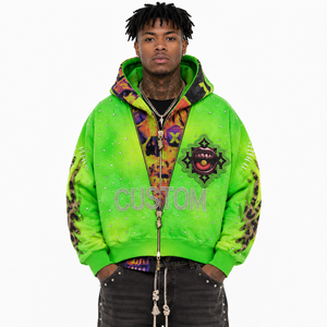 Sweat à capuche zippé double couche 600 GSM avec graphique personnalisé en strass, coupe courte et ample, style streetwear clouté pour homme, mode Y2K, fournisseur - Product Image 1