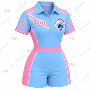 Wholesale Custom JJOA Jack and Jill of America Women's Polo <b>Romper</b> Embroidered Baby Blue Pink Short Sleeve Playsuit - Product Image 2