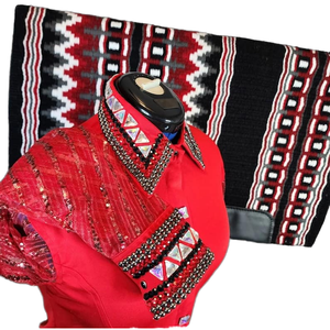 Camisa roja de espectáculo occidental para mujer con mangas de lentejuelas y cuello de diamantes de imitación + almohadilla de sillín inspirada en Navajo | Rodeo Bling Outfit - Product Image 2
