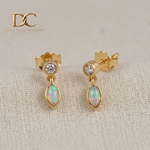 14KT Solid Yellow Gold Ethiopian <b>Opal</b> Drop <b>Earrings</b> with Lab Grown Diamond Bezel Studs Handmade IGI Fine Jewelry for Women - Product Image 4