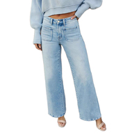 Jean en denim taille mi-haute coupe droite jambe large pour femme, grande taille, en polyester/coton écologique, longueur intégrale