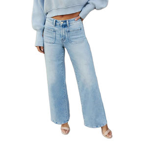 Jeans de Mezclilla de Pierna Ancha y Corte Regular para Mujer, Talla Grande, Ecológicos, de Poliéster/Algodón, Pantalones Largos - Product Image 1