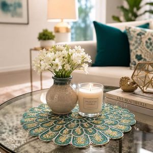 Handmade Bohemian <b>Round</b> Beaded <b>Table</b> Mat Teal Gold Fabric Decor 450mm - Product Image 2