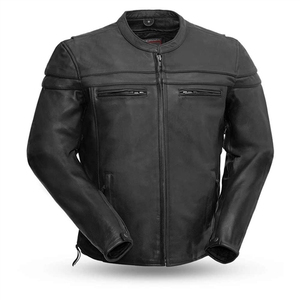<b>Men's</b> Black Genuine <b>Leather</b> Motorcycle <b>Jacket</b> Moto Biker Style Stand Collar Zipper Closure Windproof Autumn Wear - Product Image 1