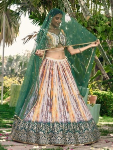 Awesome White <b>Green</b> Sequins Chinnon <b>Silk</b> Party Wear Traditional Lehenga Choli with Zari Embroidery and Sequin Detailing - Product Image 5