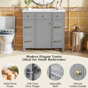 36-Inch Solid Wood <b>Bathroom</b> <b>Vanity</b> with Soft Close Doors Adjustable Shelves 3 Drawers & Double Ceramic Sink Grey - Product Image 5