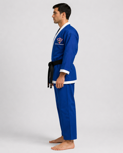 Kimono de karaté bleu avec bordure blanche pour homme adulte, uniforme d'arts martiaux en coton épais avec ceinture noire, tenue d'entraînement durable - Product Image 5