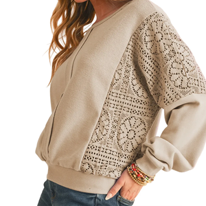 Haut tricoté à col rond et manches longues pour femme avec manches en dentelle, couleur unie, décontracté, respirant, en coton et fibre de bambou, pour l'automne - Product Image 2
