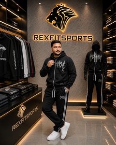 ชุดวอร์มผู้ชายสีดำ REXFIT SPORTS ลายพิมพ์เพชรแบบสกรีน ชุดกีฬาแบบกำหนดเอง เสื้อฮู้ดดี้และกางเกงจ็อกเกอร์ - Product Image 4