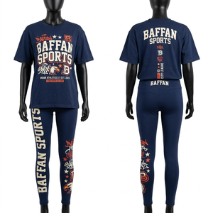 ชุดเสื้อยืดและเลกกิ้งสีน้ำเงินกรมท่า ผ้าคอตตอนผสมโพลีเอสเตอร์ พรีเมียม 180 GSM เนื้อผ้านุ่มยืดหยุ่น พิมพ์โลโก้ได้ตามต้องการ ชุดสำหรับผู้หญิง - Product Image 5