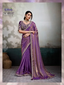 Sari indien élégant en soie satinée avec broderie de sequins, tenue traditionnelle pour mariage et fêtes, couleur violette - Product Image 1