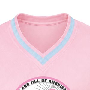 เสื้อเจอร์ซีย์กีฬาคอวีปักลายโลโก้แจ็คแอนด์จิลสีชมพูอ่อน แขนสั้น ลายทางสีน้ำเงิน เสื้อทีมกีฬา - Product Image 2