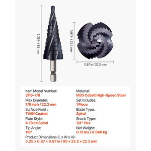 Punta da trapano a gradini in acciaio HSS cobalto da 3/16 e 7/8 pollici, con codolo esagonale da 1/4 di pollice, rivestimento TiAlN, a quattro spirali, multiuso - Product Image 2
