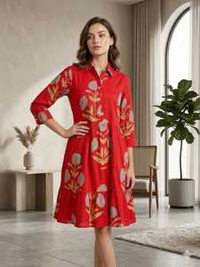 Red Block Printed Cotton Shirt Dress Women Long Sleeve Button Front A Line Printed <b>Indian</b> Pakistani <b>Top</b> - Product Image 3
