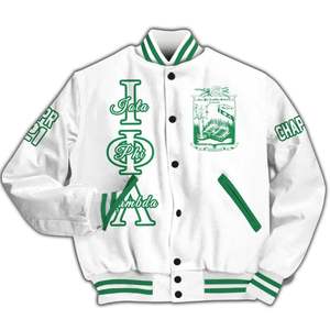 Veste universitaire personnalisée pour femmes Iota Phi Lambda, blanche, avec écusson à lettres grecques, numéro de sororité et année, style bomber - Product Image 5