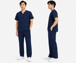 Ensemble de blouses médicales bleu marine pour hommes, en coton et polyester tissé, pantalon et haut à col en V, tenue de travail médicale - Product Image 4