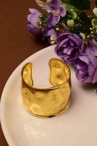 Luxury Textured Gold Plated Brass Wide Cuff <b>Bracelet</b> for Women Handmade Statement Bohemian Jewelry - Product Image 2