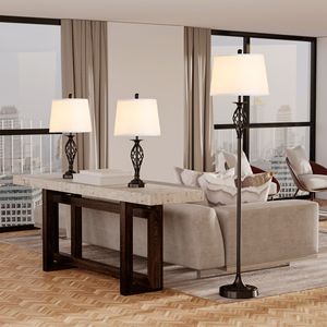 Set di 3 Lampade Moderne da Terra e da Tavolo con Palo in Metallo, Base Rotonda e Paralume in Tessuto, Bianco e Nero, per Soggiorno e Camera da Letto - Product Image 2