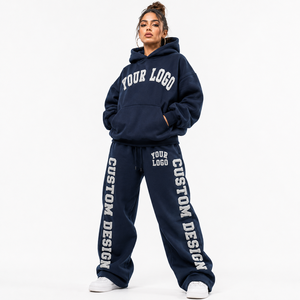 Custom Print Ribbed Hem And Cuffs Baggy Hoodie <b>Jogger</b> Set Plush <b>Fleece</b> Fabric For <b>Women</b> Cold Weather Wholesale - Product Image 1